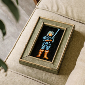 Pixel art of Riou Genkaku from the Suikoden series, set against a solid azure background.