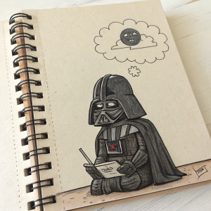 Sketch of Darth Vader, sitting with stern expression, from a tattered notebook. Thought bubble reveals dark humor.