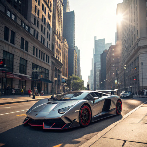 A sleek, silver Lamborghini Veneno sports car parked in a bustling urban setting under bright sunlight. The car's futuristic design, with its angular shape and red accents, stands out against the city backdrop.