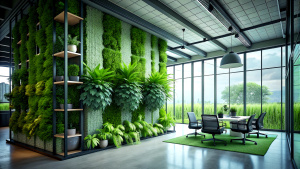 Green living wall with perennial plants in modern office. Urban gardening landscaping interior design. Fresh green vertical plant wall inside office