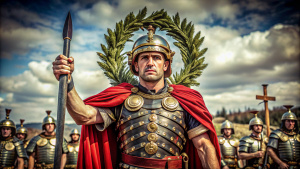 A Roman soldier, holding a laurel wreath in one hand and a sword in the other, standing in front of a victorious Roman army.