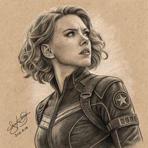 Black and white pencil sketch of Scarlett Johansson as Black Widow. Brown textured paper. Signature at bottom.