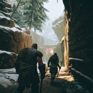 Promotional image for God of War Ragnarok, featuring snowy landscapes and intense battle scenes. Kratos and Atreus journey through a frostbitten realm, enemies lurking in the shadows.