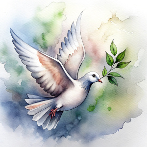 A simple line drawing of a dove in flight, carrying an olive branch in its beak. Art style: minimalist, black and white, reminiscent of Banksy.