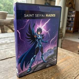 DVD cover art for Saint Seiya: Hades. Character in heroic pose against dynamic backdrop. Reverse side has details of episodes and bonus features. Bright hues of purple and blue with metallic highlights.