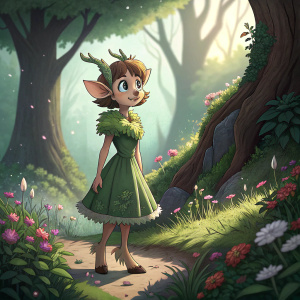 Elora, a cartoon faun, standing in a magical forest. Her green dress and fluffy bodice contrasting with the natural setting.