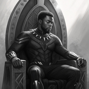Digital artwork featuring T'Challa from Black Panther. Sitting on throne, in grayscale tones.