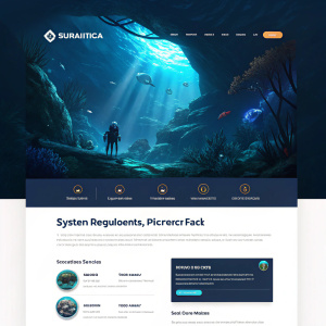 Subnautica's homepage features a dark, immersive background showcasing an abstract underwater scene with glowing blue hues. The page highlights game features, system specs, and player feedback in a clean, modern layout.