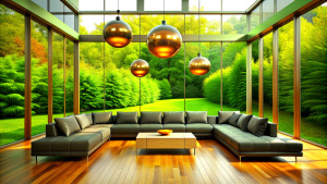 A modern living room with high ceilings and picture windows offering a panoramic view of the lush greenery outside. The interior features a dark, minimalist color scheme, with a large, plush sofa in the center, a flat-screen TV mounted against the glass wall, and stylish wooden flooring. Hanging from the ceiling is a series of copper-colored spherical pendant lights, adding a warm glow to the space. The atmosphere is cozy and luxurious, perfect for relaxing or receiving guests. In the center of 