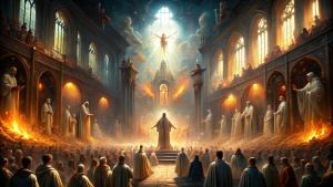 "Uma igreja cheia de luz, com demônios sendo repelidos pela fé dos fiéis."









