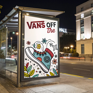 Digital illustration for Vans Off The Wall campaign. A steel-framed billboard with vibrant white poster. The poster features a whimsical cartoon hand and abstract designs. Vans logo at the top in bold. Modern graphic style with sharp lines and high contrast.