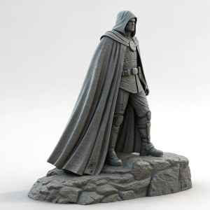 3D rendered digital art of Emperor Valkorion from Star Wars universe. Cloaked figure standing heroically. Gray textured material with rocky base providing support. Plain gray background.