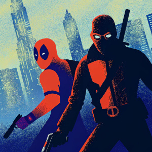 Promotional image for Deadpool 2. Ryan Reynolds as Deadpool stands with a mysterious sidekick Dopinder in an action-packed scene.