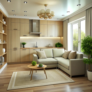 Interior design for young people,kitchen living room 30 square meters. in beige tones