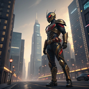 Kamen Rider, in sleek, metallic costume with detailed gold and red accents, standing on a high-tech cityscape.