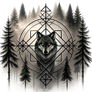 vegvisir runes pattern geometric symbols - wolf and trees - tattoo design - perfect realistic art - high-definition - grey and black - white background 