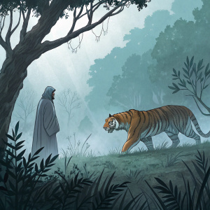 Digital illustration for the comic book series 'Ghost of the Gulag'. Depicting a tiger and an enigmatic gray creature. Muted color palette featuring shades of blue, green, and brown. Part of ongoing Kickstarter campaign.