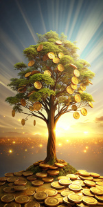 Crea una imagen de: Un árbol robusto con monedas por hojas creciendo bajo la luz del sol, simbolizando el crecimiento económico y la prosperidad. 64K. Cinematico. Realista. Finos detalles