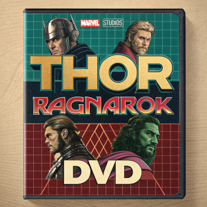 DVD cover of 'Thor: Ragnarok' featuring the main characters from the Marvel Cinematic Universe. Retro design with a grid pattern and bold colors, highlighting 'Marvel Studios' and 'DVD' logos.