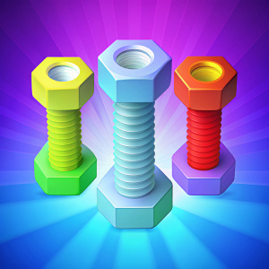 Three coloured bolts with nuts. centered. Vertical, Bold, Cartoon, Animated.