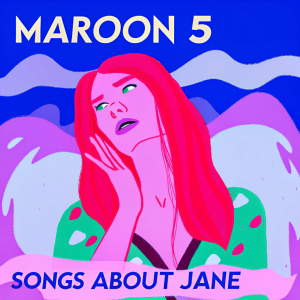 Album art for Maroon 5's 'Songs About Jane'. Woman with long red hair, passionate pose, red and black hues, bold graphic design.