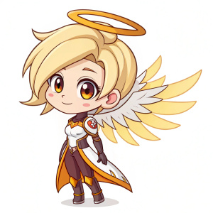 Chibi-style character inspired by Overwatch's Mercy. Blonde hair, youthful appearance, hero outfit. White background.