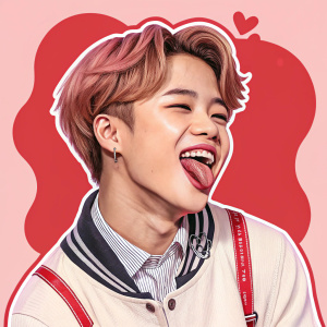 Jimin, member of BTS, funny meme, pink background, red outline, sticking out tongue