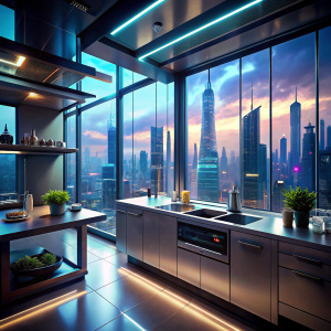 cyberpunk kitchen with skyscrapers outside the window 