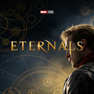Promotional image for 'Eternals'. Dark background with golden celestial designs. Marvel Studios logo prominently displayed. Release date and film title clearly visible. Cinematic and dramatic style