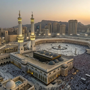 Aerial view of the Kaaba at Masjid al-Haram. Domes and minarets surrounding it. Sea of pilgrims