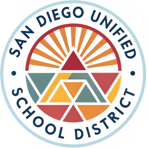 Logo for San Diego Unified School District. Combines vibrant colors and modern shapes. Clean and professional design with text encircling the geometric center.
