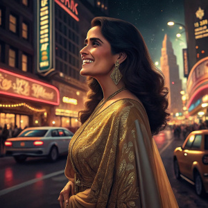 Salma Hayek, with a warm, inviting smile, wearing a gold embroidered saree. Standing in front of a bustling city street at night.
