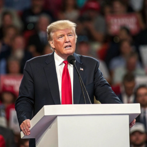 Former US President Donald Trump at a press conference. White podium, blurred audience