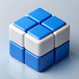 Design a minimal icon of a blue-white Rubik's Cube. The icon should be simple and easily recognizable. Depict a cube shape with blue and white squares on each side, mimicking the appearance of a Rubik's Cube. Ensure that the proportions are balanced and the lines are clean for clarity. The blue color should be dominant, with white squares representing the contrasting color. Keep the design minimalist and avoid unnecessary details.