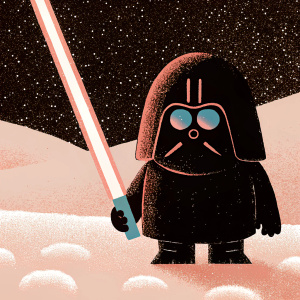 Mr. Potato Head version of Darth Vader, with his iconic helmet and red lightsaber, standing alone in a snowy landscape.