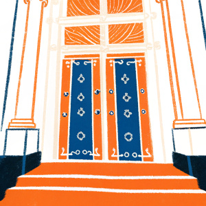 Digital blueprint showcasing a majestic entrance. Ornate golden pillars and detailed patterns highlight the luxurious design. Precise measurements and professional technical style ensure accurate aesthetics.