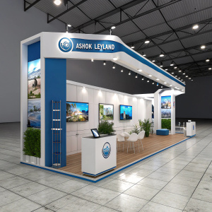 Digital 3D model of an exhibition booth for Ashok Leyland. Sleek, modern design with blue and white color scheme. Multiple banners and digital displays showcase product info and stats.