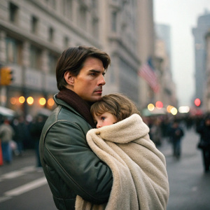 Tom Cruise, hugging a young child wrapped in a soft blanket. Crowded city street, blurred buildings in background.
