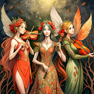 3 women in fairy costumes playing violin, cello and flute