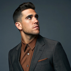 Professional portrait of actor Josh Segarra, in a dark grey suit and brown shirt. Serious expression, modern and sophisticated styling. Solid, muted grey background with even lighting.