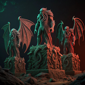 Digital artwork featuring three ominous statues inspired by Cthulhu. Dark hues of green and red dominate the background. Each statue has menacing wings and tentacle-like limbs in a dramatic stance. The base is rugged with intricate rock formations.