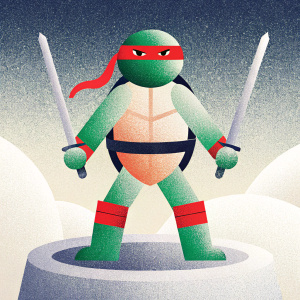 3D model of Raphael from Teenage Mutant Ninja Turtles. Standing in a combat stance. Gray stone base. Wearing green and red. Dark gray background