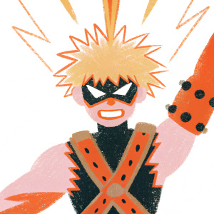 Close-up of BakuGou from My Hero Academia. Dynamic pose, fierce expression, striking color palette of black, red, and gold. Character prominently displayed in center.