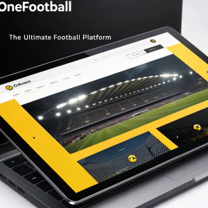 Screenshot of OneFootball's sleek and vibrant homepage. Dominant black and yellow color scheme, highlighting 'The Ultimate Football Platform' in bold font.