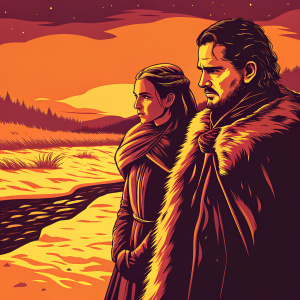 Jon Snow and Daenerys Targaryen standing alone on an icy battlefield. Snow-covered terrain stretches into the distance. Winter is here.
