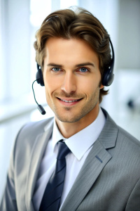 Handsome male call center operator in headset working in modern office. Hotline support service concept