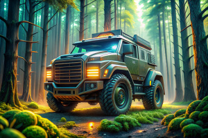 Futuristic truck Car Concept,dieselpunk, composite materials, detailed, engineering solutions,future technologies, alternative view, polymers, sports style, power, anatomy, mechanical engineering,neon lighting, maximum detail,in the forest
