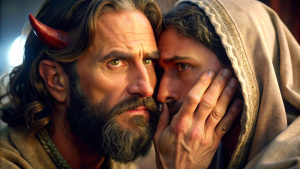 Cinematic hyperrealistic scene of Satan whispering into God's ear, with a sly expression on his face, questioning the authenticity of Job's faith.