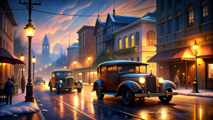 Create an animated scene showing 1920's automobiles