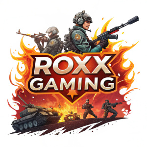 Digital art featuring the Roxx Gaming logo. Vibrant colors and dynamic weapon-inspired graphics. Text reads ROXX GAMING in bold font. Centered within a fiery burst.